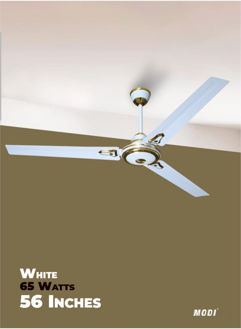 مودي مروحة سقف بيضاء مقاس 56 بوصة بتصميم أنيق - تصميم بثلاث شفرات، محرك قوي بقدرة 65 واط، مروحة تبريد هادئة للغاية للمنزل وغرفة النوم - Image 1